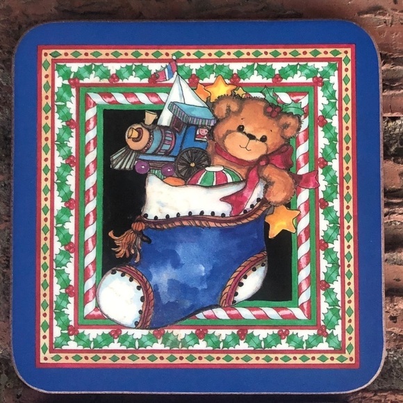 Set of 5 Pimpernel Christmas Stockings Teddy Bears & Toys Cork Back Coasters - Picture 7 of 8